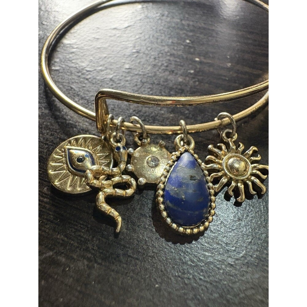 Elegant Charm Bracelet Gold To Evil Eye Snake Sun Star Blue Gem 8” Adjustable